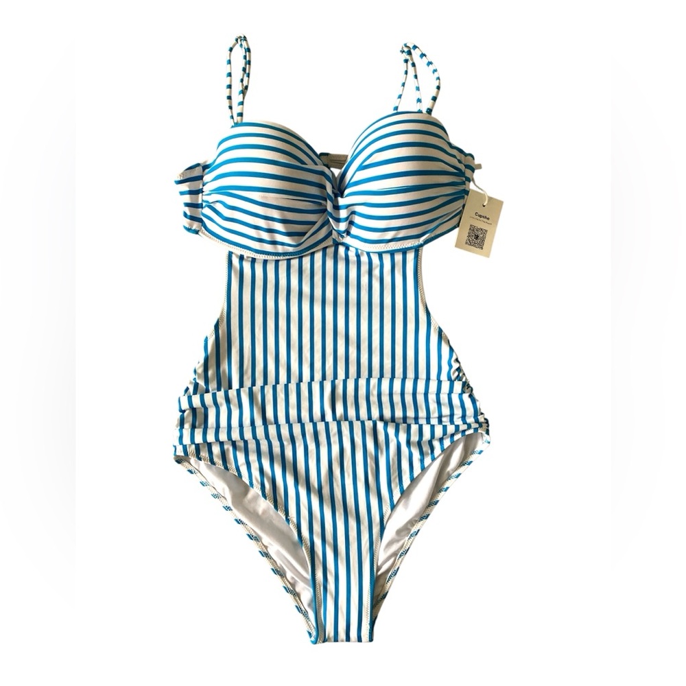Cupshe Medium Blue and White One Piece Swimsuit with Retro Stripes